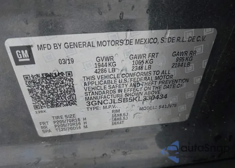 2019 Chevrolet Trax Lt from USA, damaged, VIN 3GNCJLSB5KL330434
